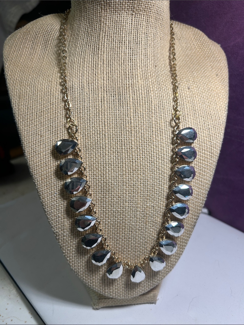 Gold Tone Chain Necklace with Faceted Mirrored Teardrops